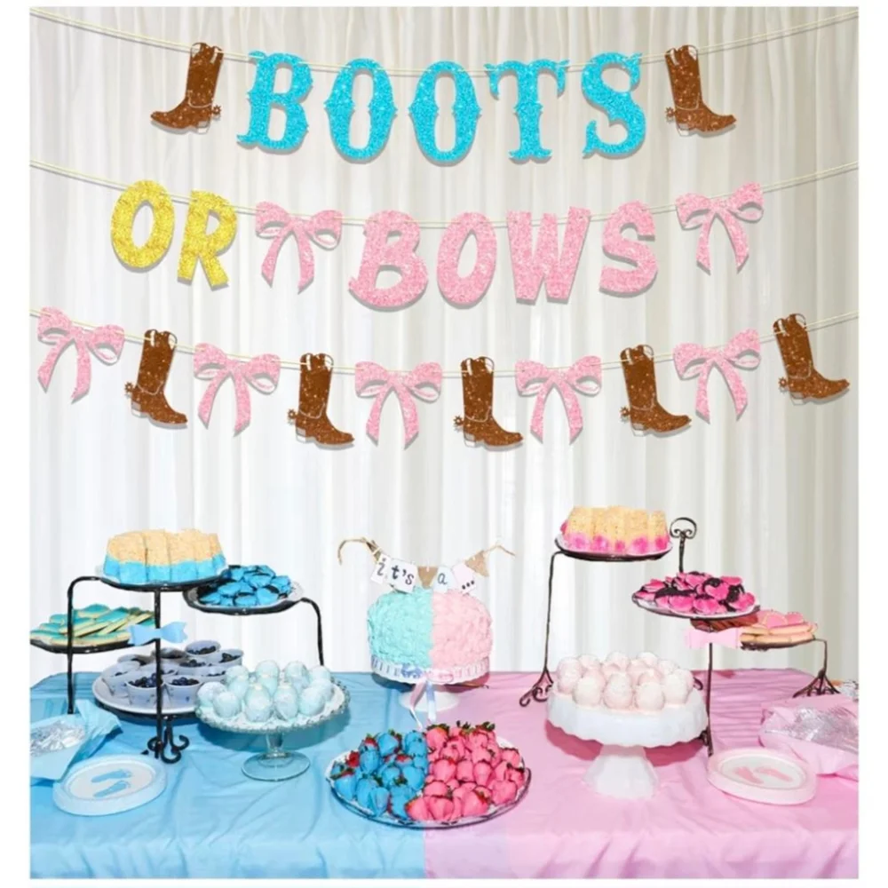 Boots or Bows Gender Reveal Party Decorations Banner and Table Cloths Brown Pink